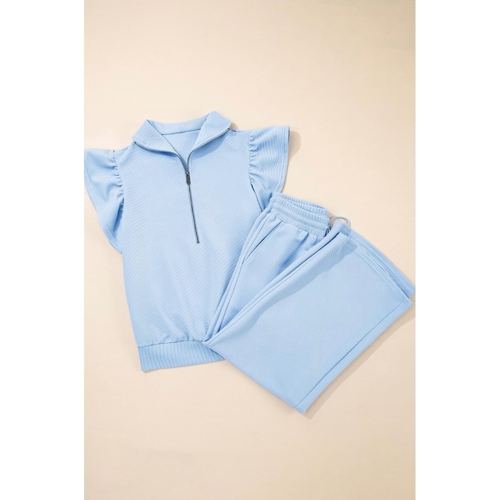 Light Blue Ribbed Knit 2 Piece Set Ruffle Sleeve Zip Top Wide Leg Lounge Pants